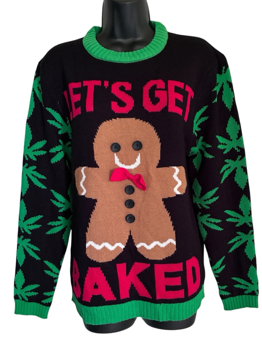 Black 'Let's Get Baked' Novelty Ugly Christmas Sweater Gingerbread Motif Sz M